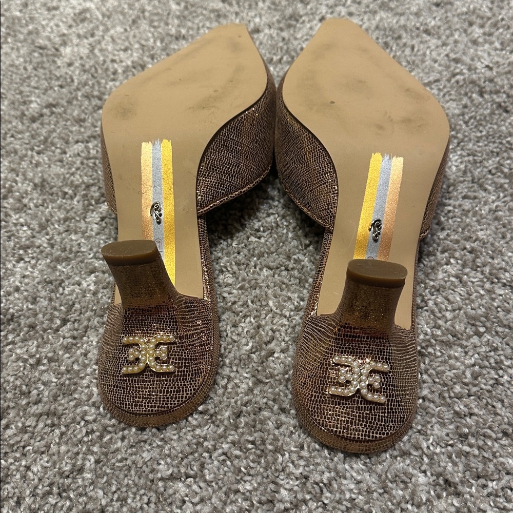 Sam Edelman 9 Kitten Heel Mule Beaded Metallic Gold Bronze Gorgeous shoe 2” - Picture 6 of 12